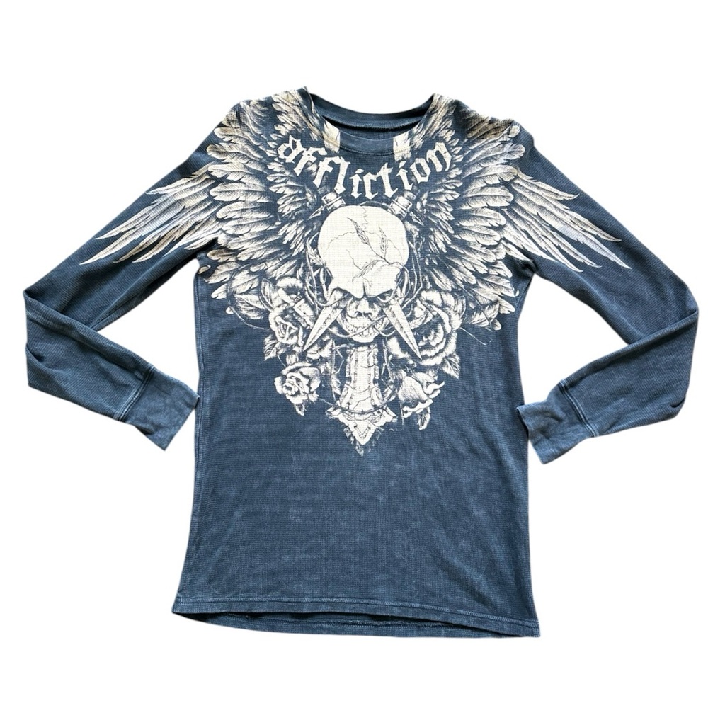 Affliction Mens Medium Blue Skull With Angel Wings Thermal Long Sleeve Shirt